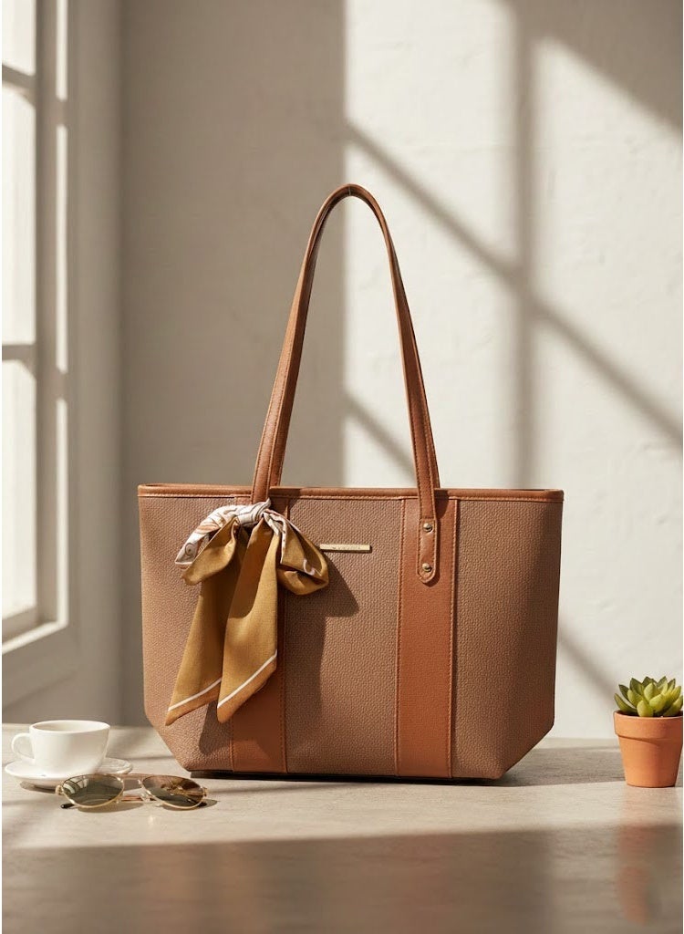 FUMES Brown Women’s Elegant Panel Tote Handbag with Scarf Detail – Structured Premium Shoulder Bag - Image 1